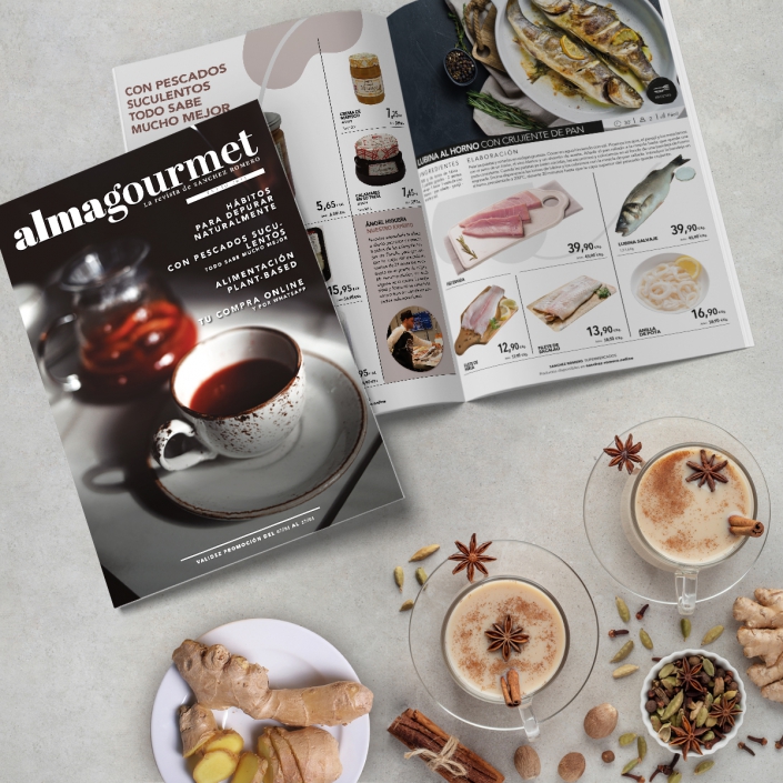 Flat lay composition with Indian masala chai tea and different spices on grey table, copy space